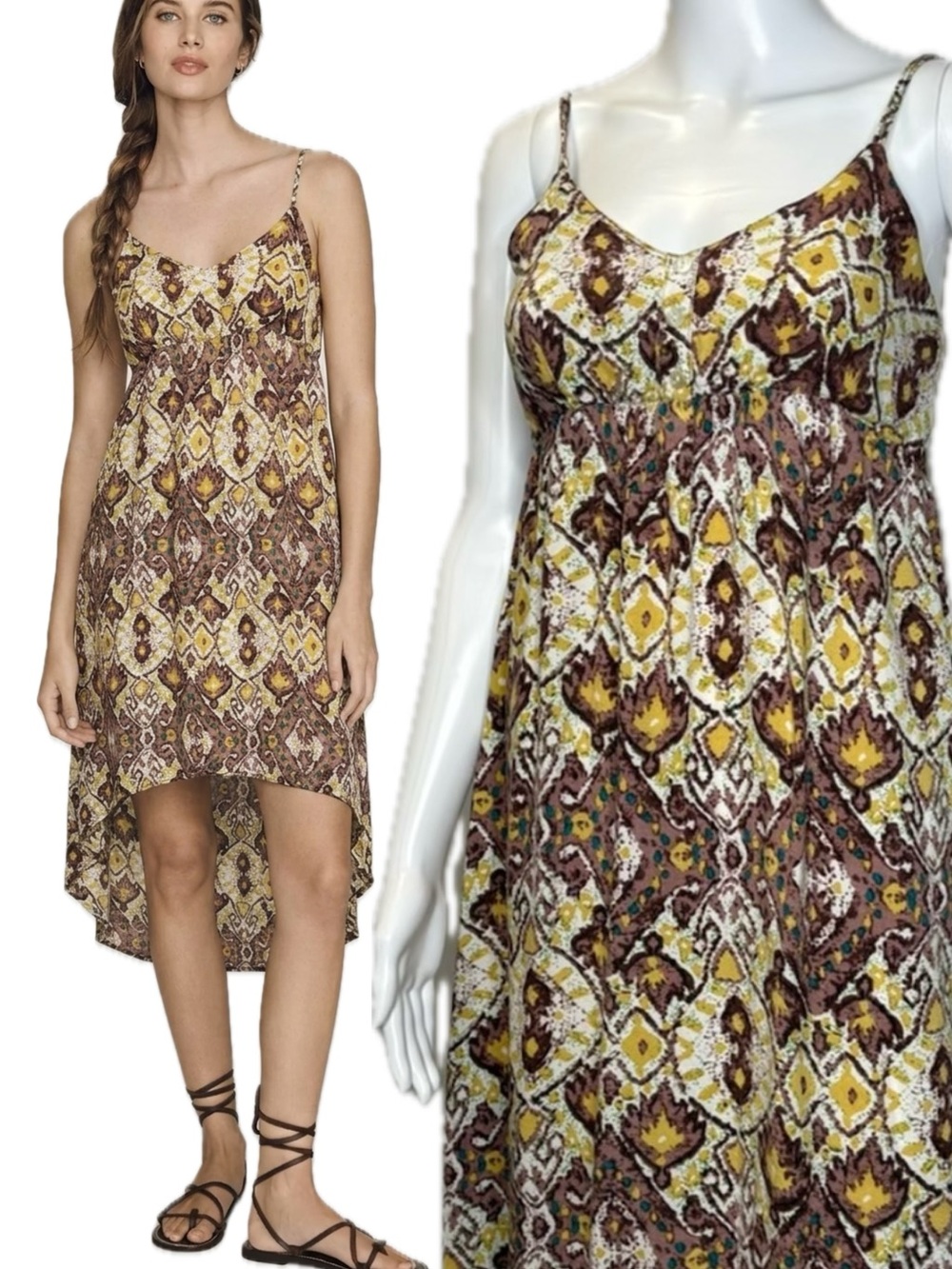 Angie Aztec Geometric Print Sundress Size Large Babydoll High Low Midi Dress